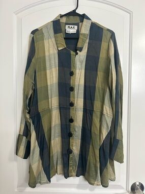 Flax Green Plaid Silk Blend Button-Up Tunic Top size M cottagecore prairie boho